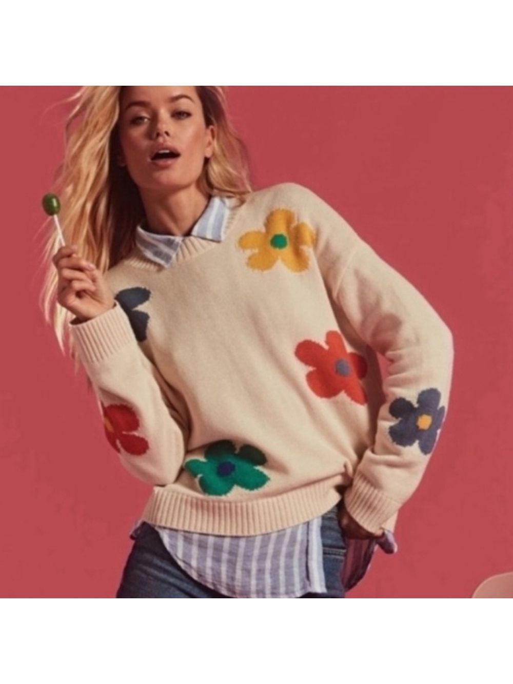 Rails Perci Cotton Sweater - Ivory Daisies, Size L